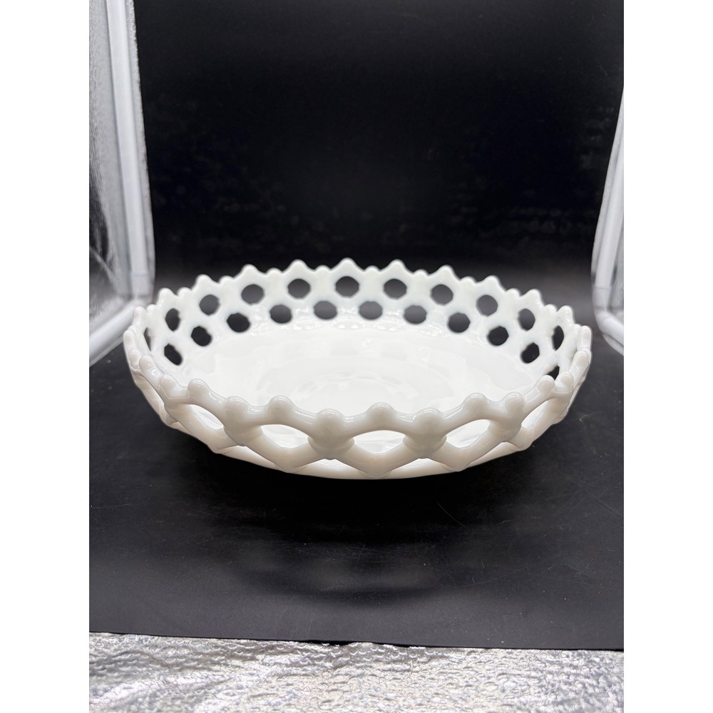 Vintage‎ Milk Glass Lace Edge Bowl White Lattice Open Work Centerpiece 9.5 Inch